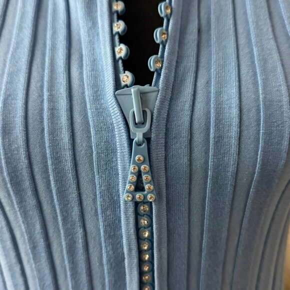 Belldini Sexy Blue Rhinestone Crystal Zipper Mock Neck Collared Shirt S M Y2K - Picture 2 of 6